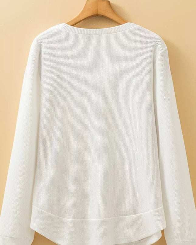 Rounded Neck Waffle Long Sleeve Top