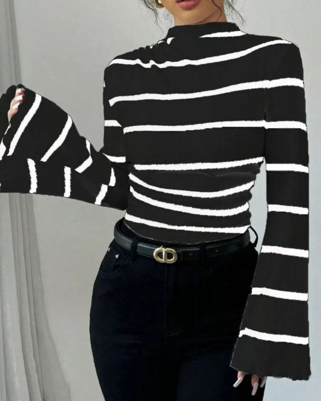Striped Mock Neck Flare Sleeve Knit Top