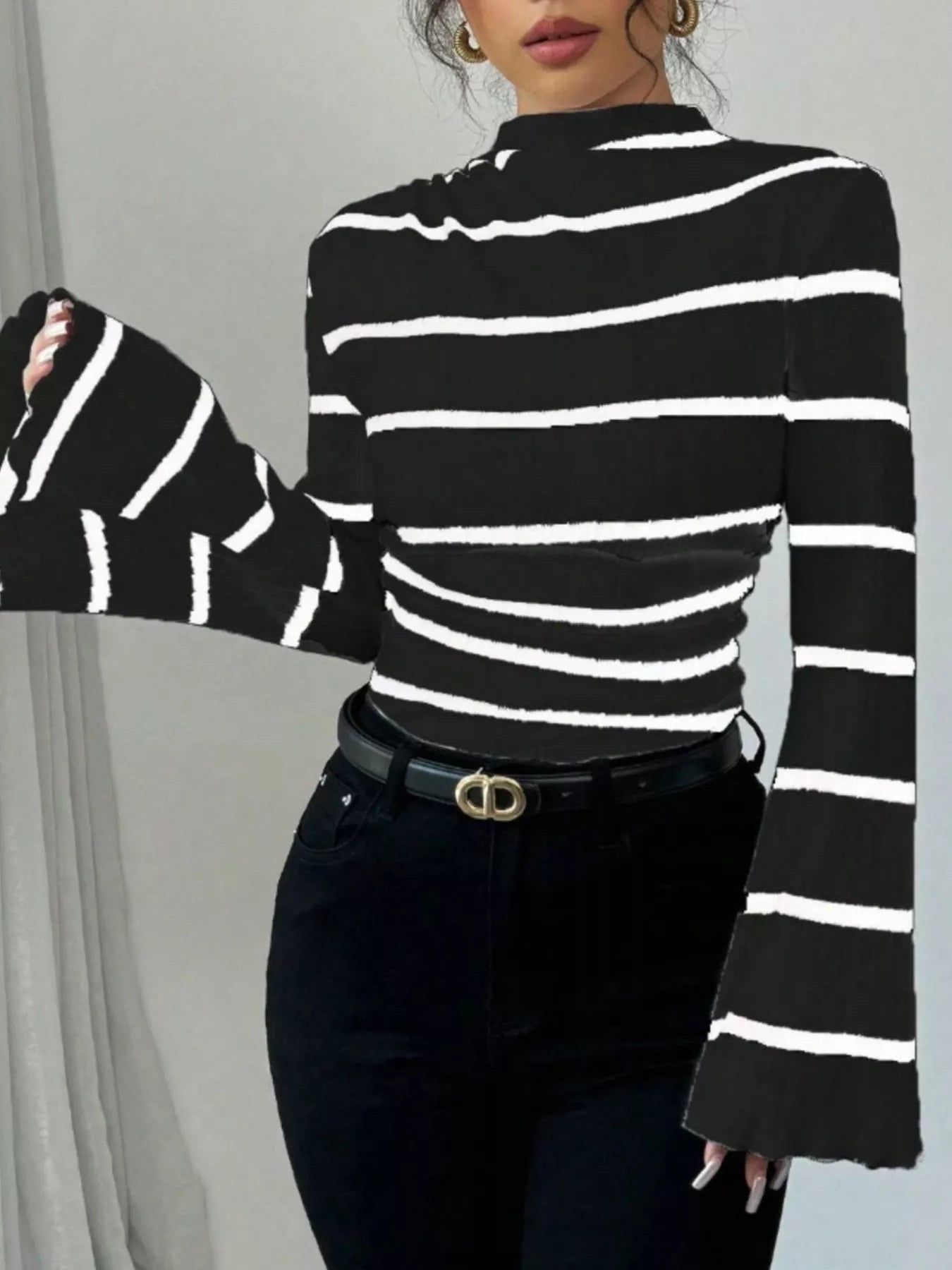 Striped Mock Neck Flare Sleeve Knit Top