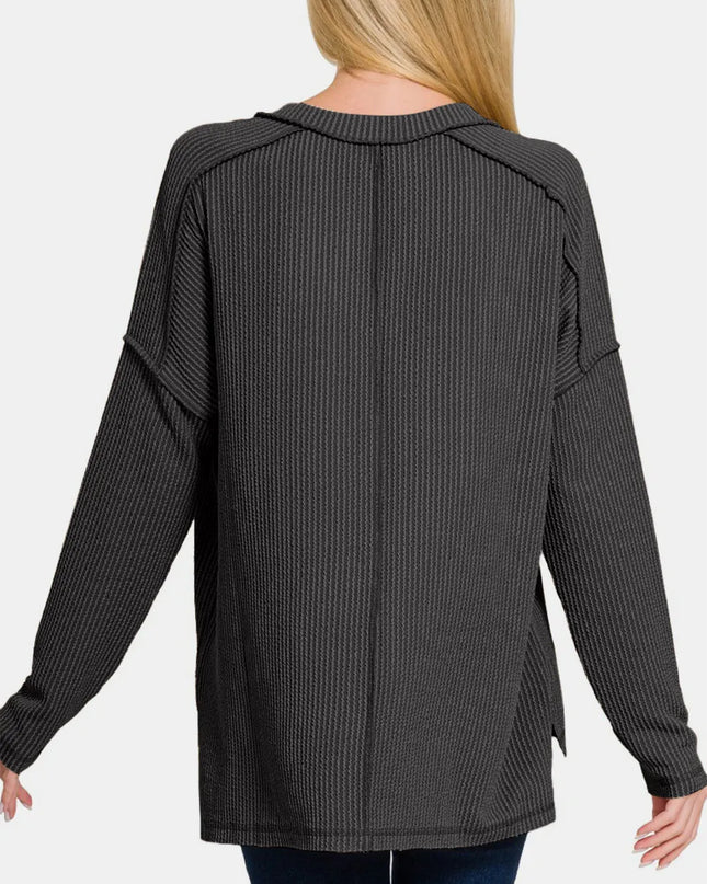 Zenana Texture Exposed Seam V-Neck Long Sleeve T-Shirt