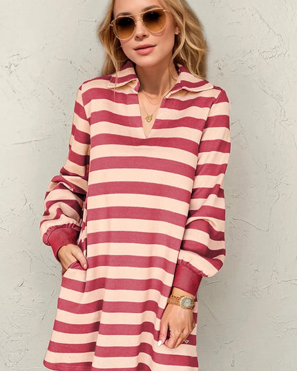 Double Take Full Size Striped Contrast Collared Neck Long Sleeve Dress Deep Rose