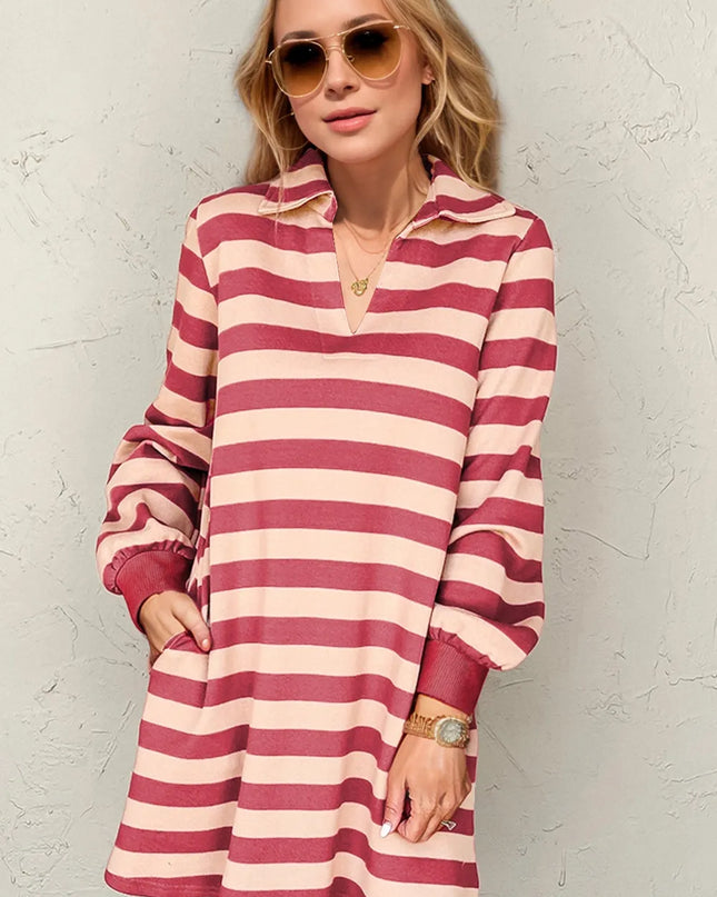 Double Take Full Size Striped Contrast Collared Neck Long Sleeve Dress Deep Rose