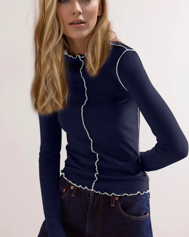 Basic Bae Contrast Trim Mock Neck Long Sleeve T-Shirt Dark Navy