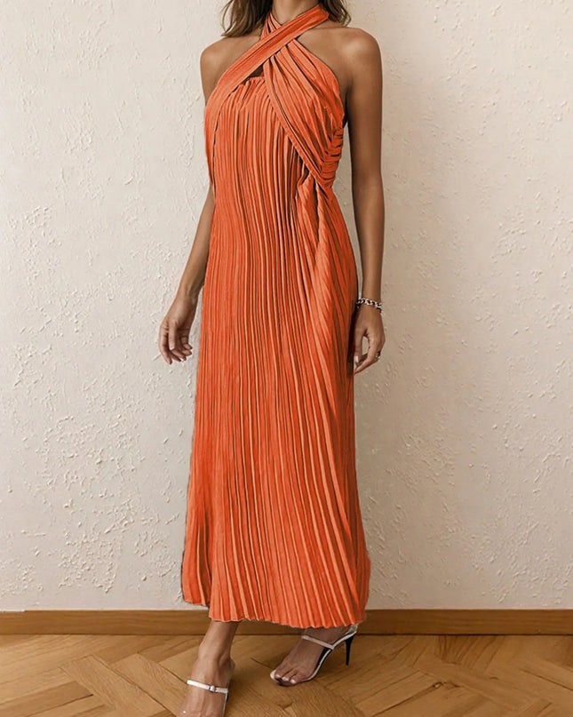 Pleated Halter Neck Midi Dress