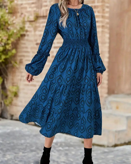 Printed Round Neck Balloon Sleeve Dress