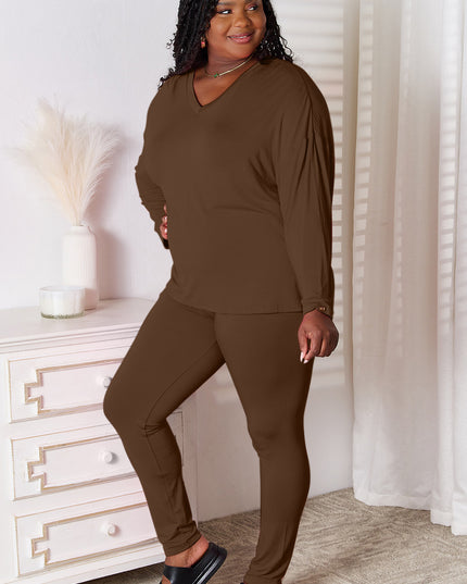 Basic Bae Full Size V-Neck Soft Rayon Long Sleeve Top and Pants Lounge Set Chocolate