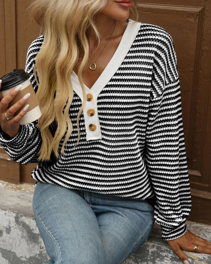 Striped V-Neck Button Front Casual Top