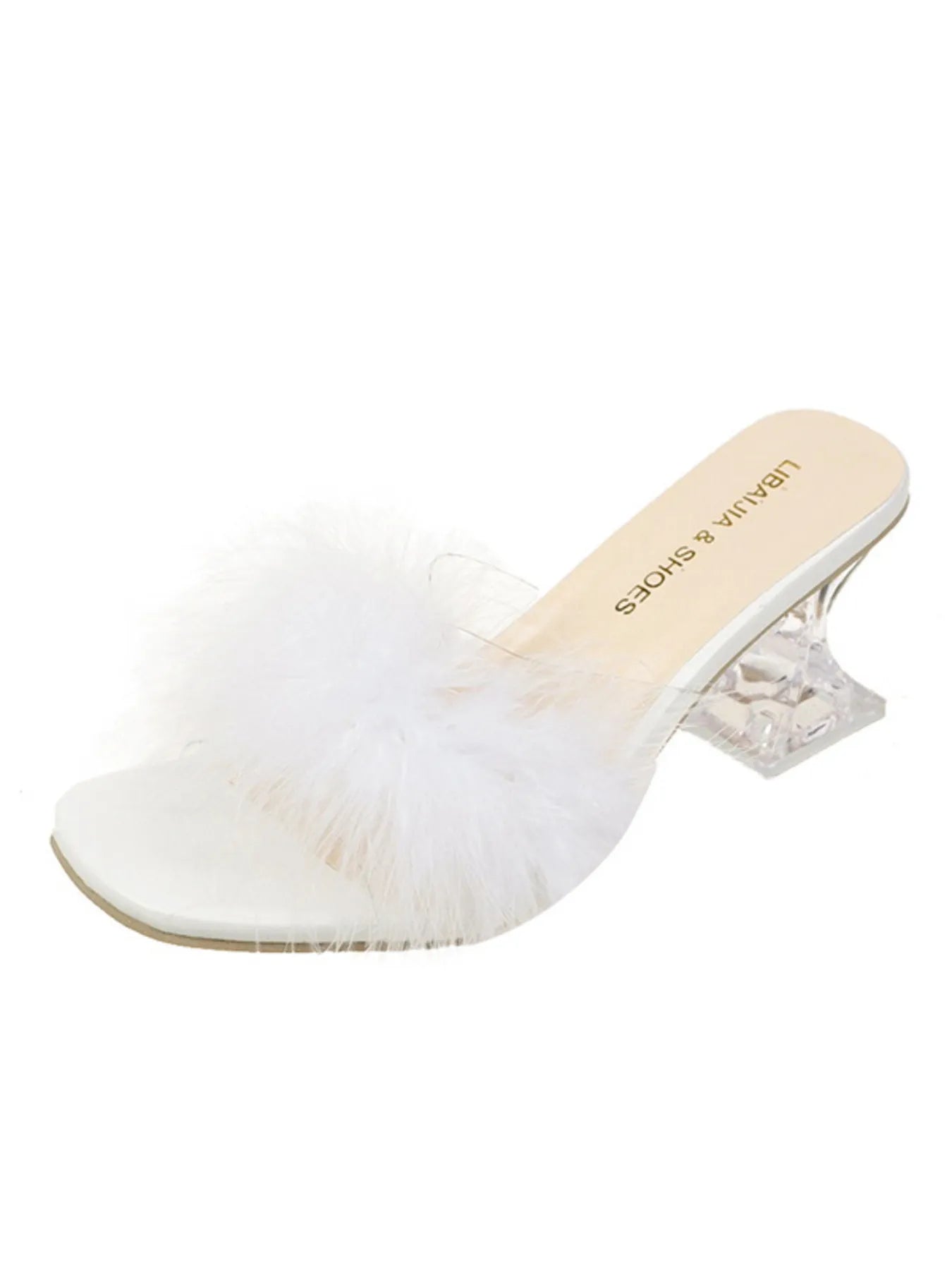 Fluffy Strap Block Heel Sandals White