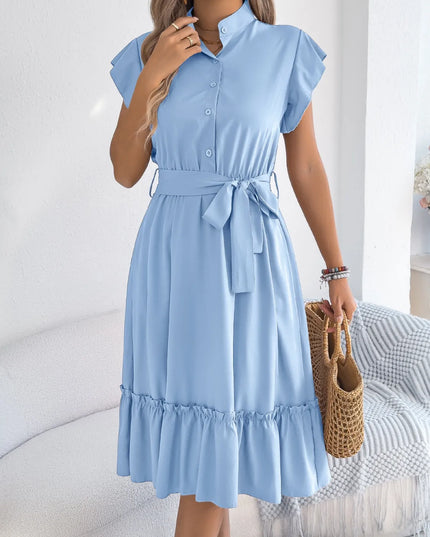 Tie Waist Ruffled Cap Sleeve Dress