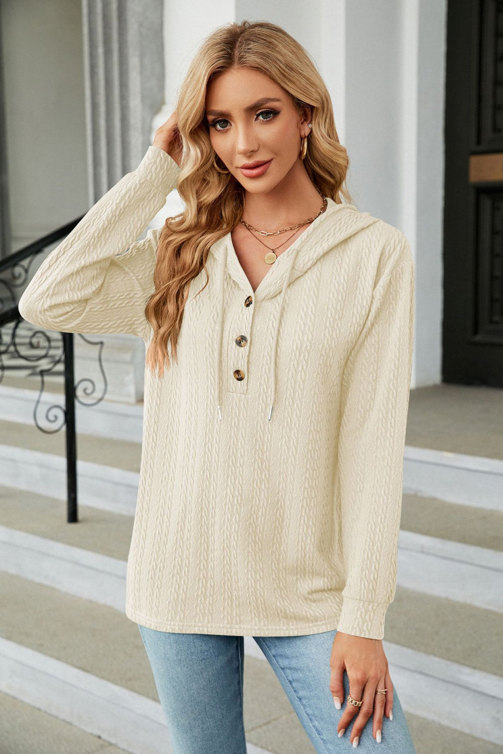 Cable-Knit Long Sleeve Hoodie Tan