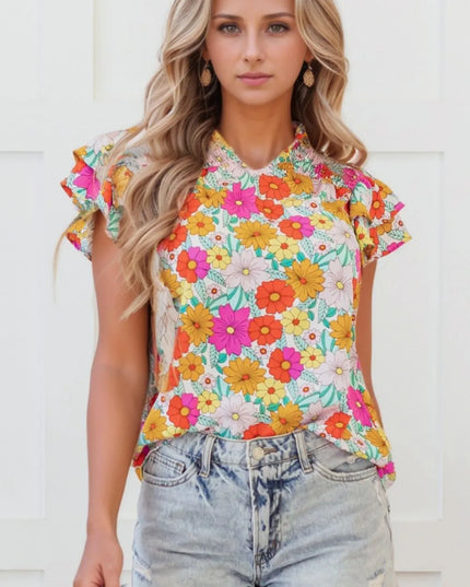 Floral Print Shirred Tiered Ruffled Sleeve Blouse Floral