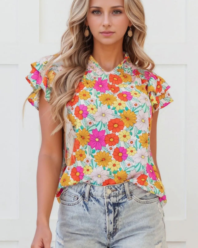 Floral Print Shirred Tiered Ruffled Sleeve Blouse Floral