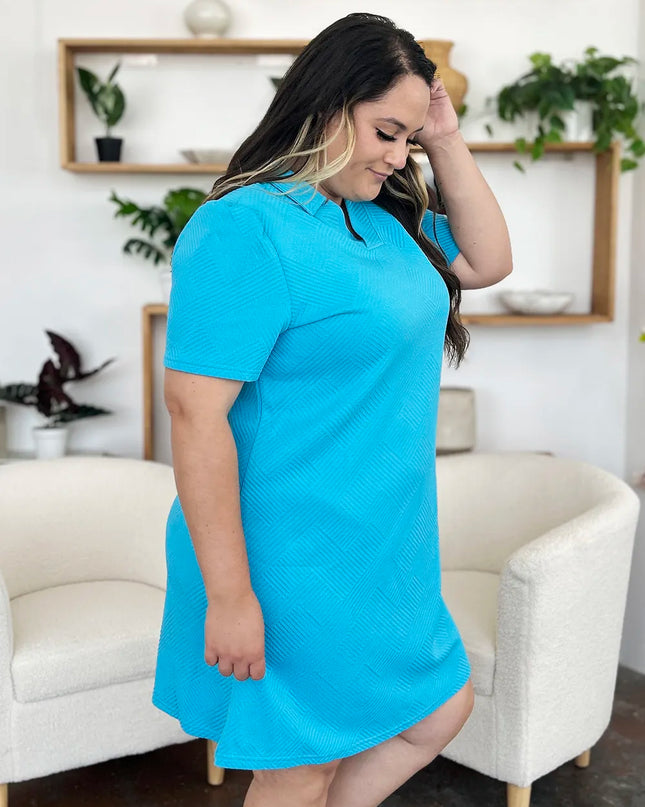 Double Take Full Size Texture Collared Neck Short Sleeve Dress