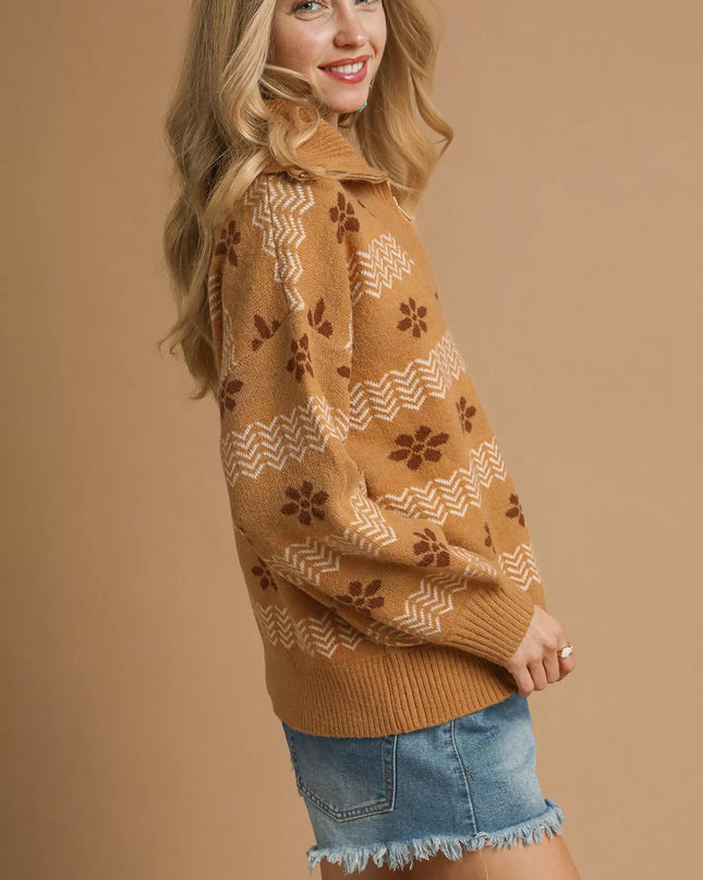 Umgee Floral Patterned Jacquard Quarter-Zip Pullover Sweater