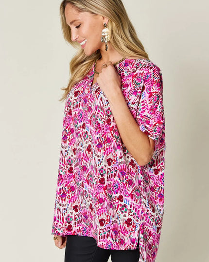 Double Take Full Size Printed V-Neck Short Sleeve Blouse