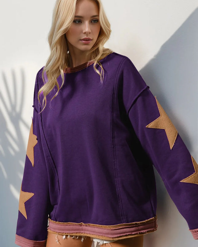 Double Take Star Patched Long Sleeve Sweatshirt Purple
