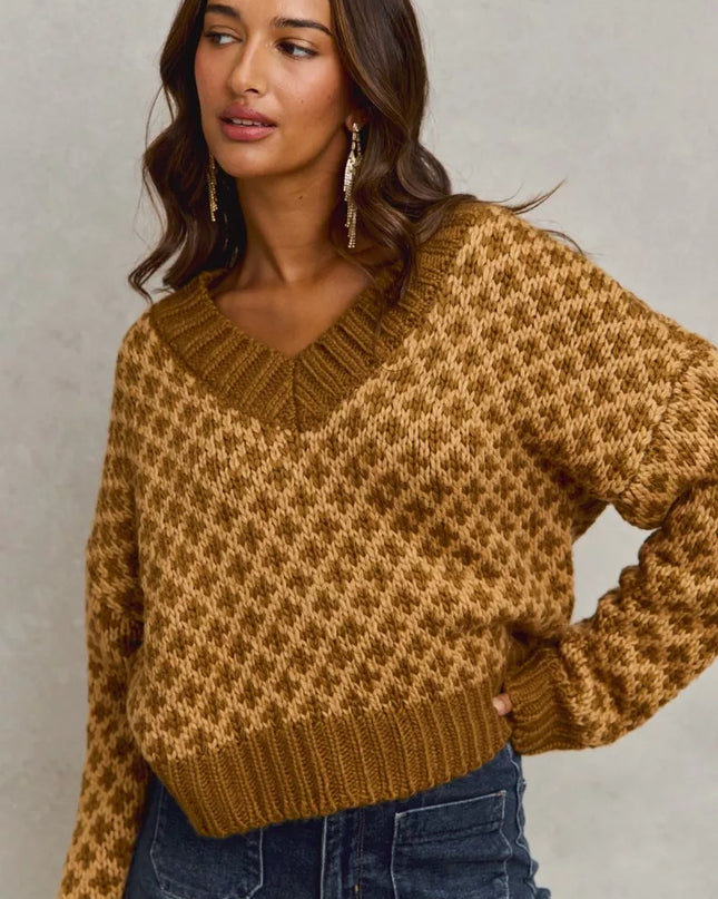 SO ME Color Block Textured Christmas Sweater V Neck Top