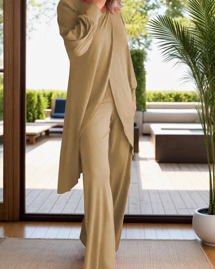 Full Size Slit Round Neck Long Sleeve Top and Pants Set