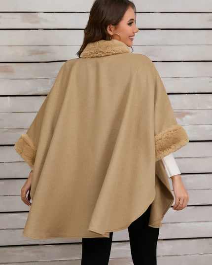 Fuzzy Trim Long Sleeve Poncho