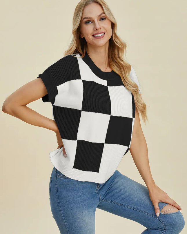 Double Take Full Size Checkered Round Neck Short Sleeve Sweater Black