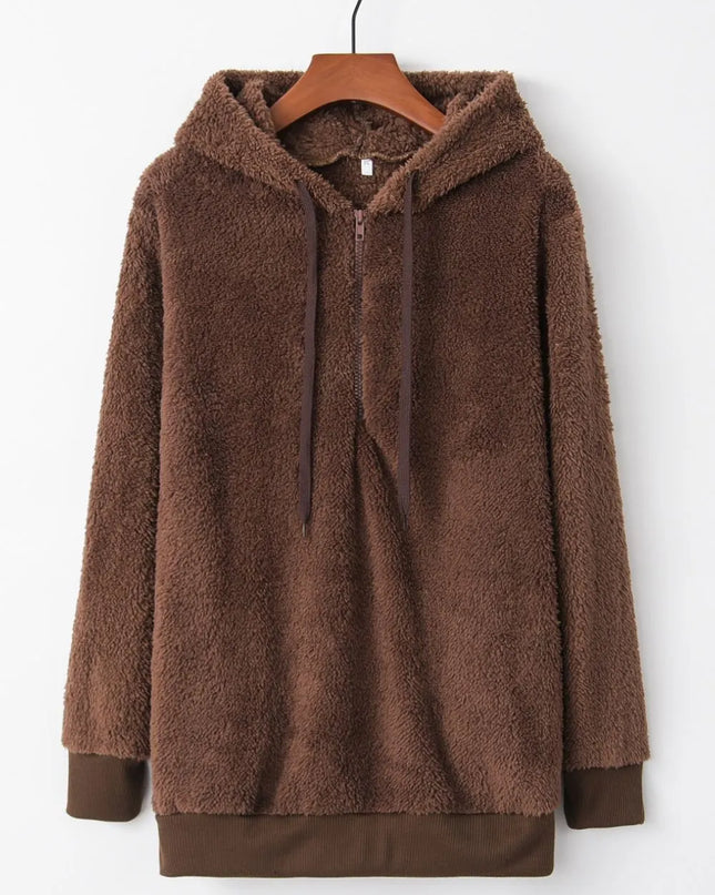 Full Size Quarter-Zip Drawstring Teddy Hoodie