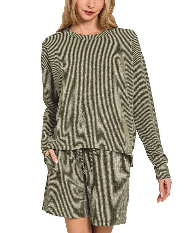 Zenana Corded Rib Long Sleeve Tee and Shorts Set DK OLIVE