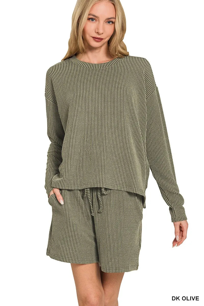 Zenana Corded Rib Long Sleeve Tee and Shorts Set DK OLIVE