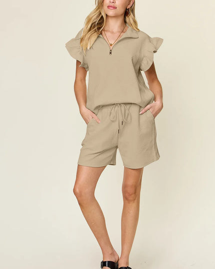 Double Take Full Size Texture Flounce Sleeve Top and Drawstring Shorts Set
