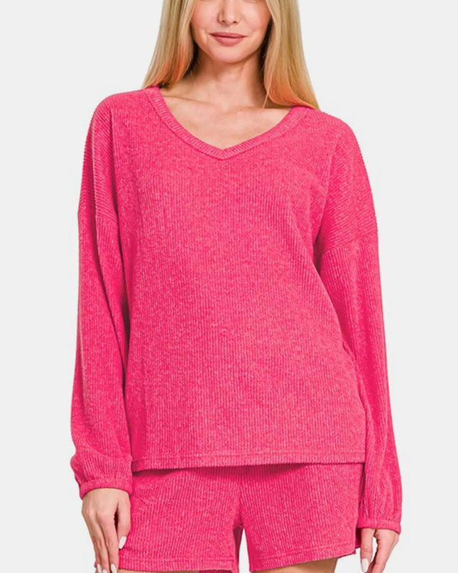 Zenana V-Neck Long Sleeve Ribbed Top and Shorts Set Strawberry