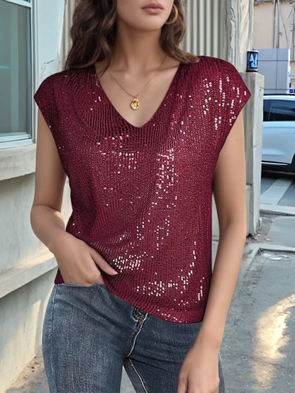 V-Neck Sequin Cap Sleeve Top Wine Red