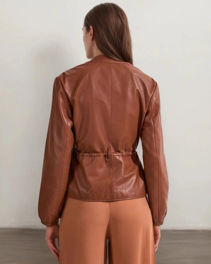 Drawstring Zip Up Leather Jacket