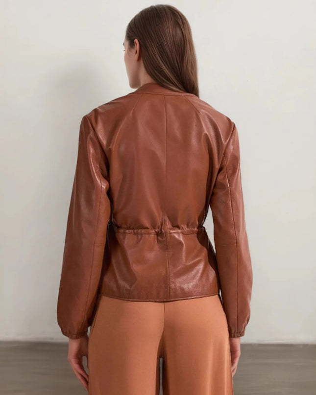 Drawstring Zip Up Leather Jacket