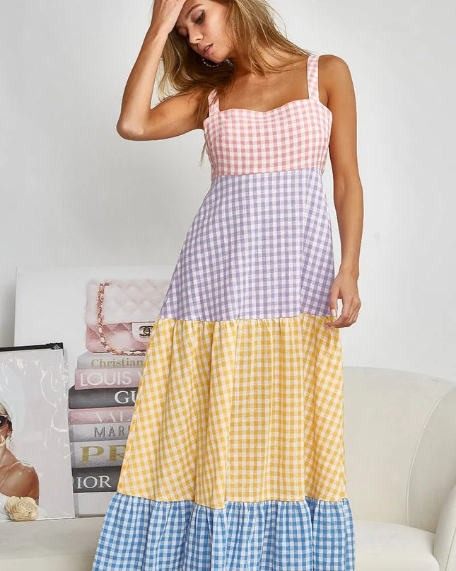 BiBi Color Block Tiered Gingham Dress