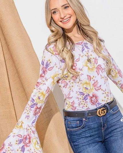 And The Why Floral Printed Bell Sleeve Casual Top 