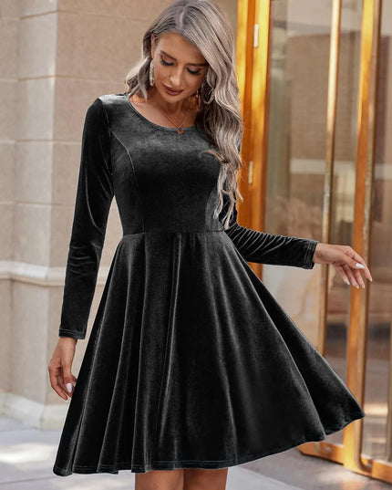 Round Neck Long Sleeve Knee Length Dress Black