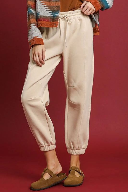 Umgee Fleece Jogger Pants with Drawstring SAND