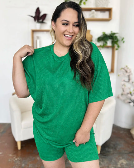 Double Take Full Size Texture Round Neck Drop Shoulder T-Shirt and Shorts Set 