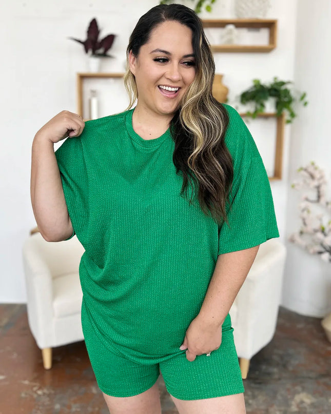 Double Take Full Size Texture Round Neck Drop Shoulder T-Shirt and Shorts Set 