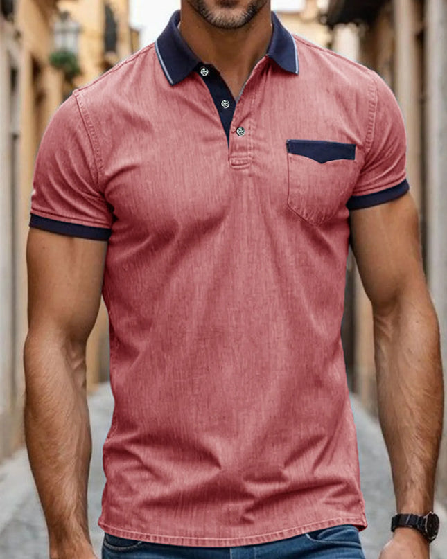 Men's Contrast Collar Pocket Polo Shirt Coral