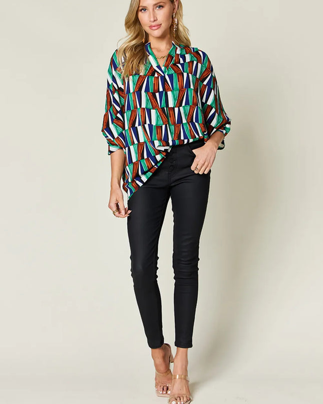 Double Take Full Size Geometric Notched Dolman Sleeve Top