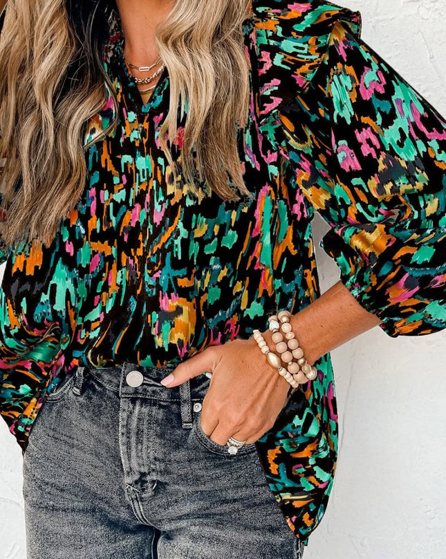 Abstract Print 3/4 Sleeve Ruffle Blouse Black