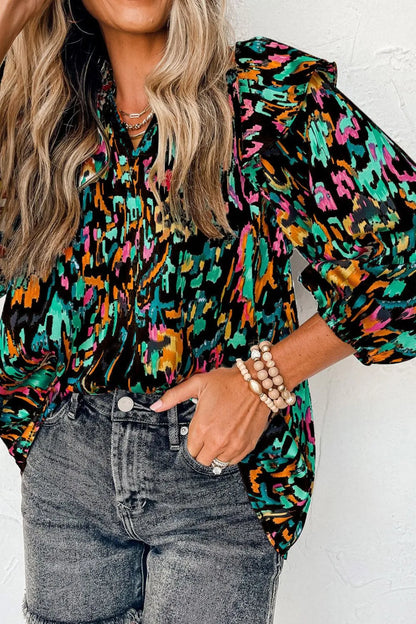 Abstract Print 3/4 Sleeve Ruffle Blouse Black