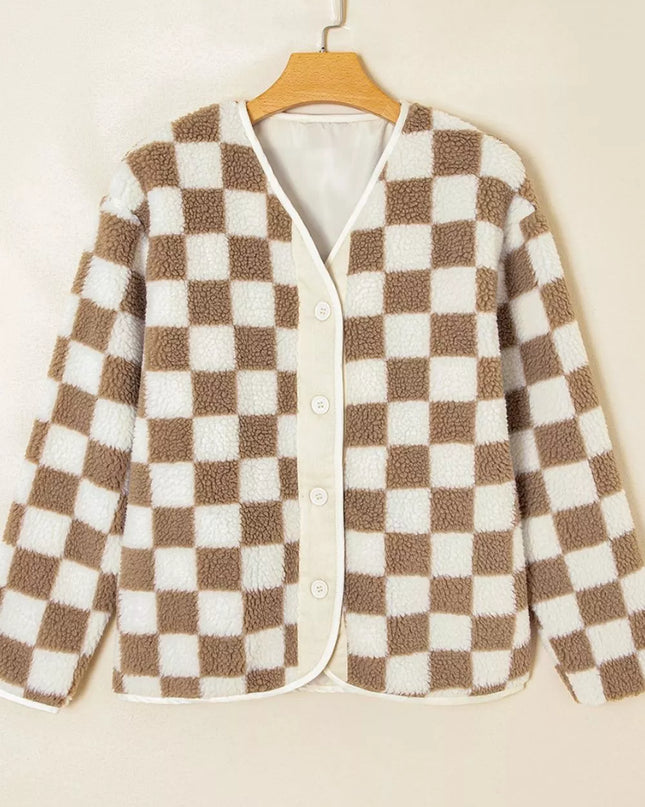 Checkered Sherpa Oversized Button Up Jacket