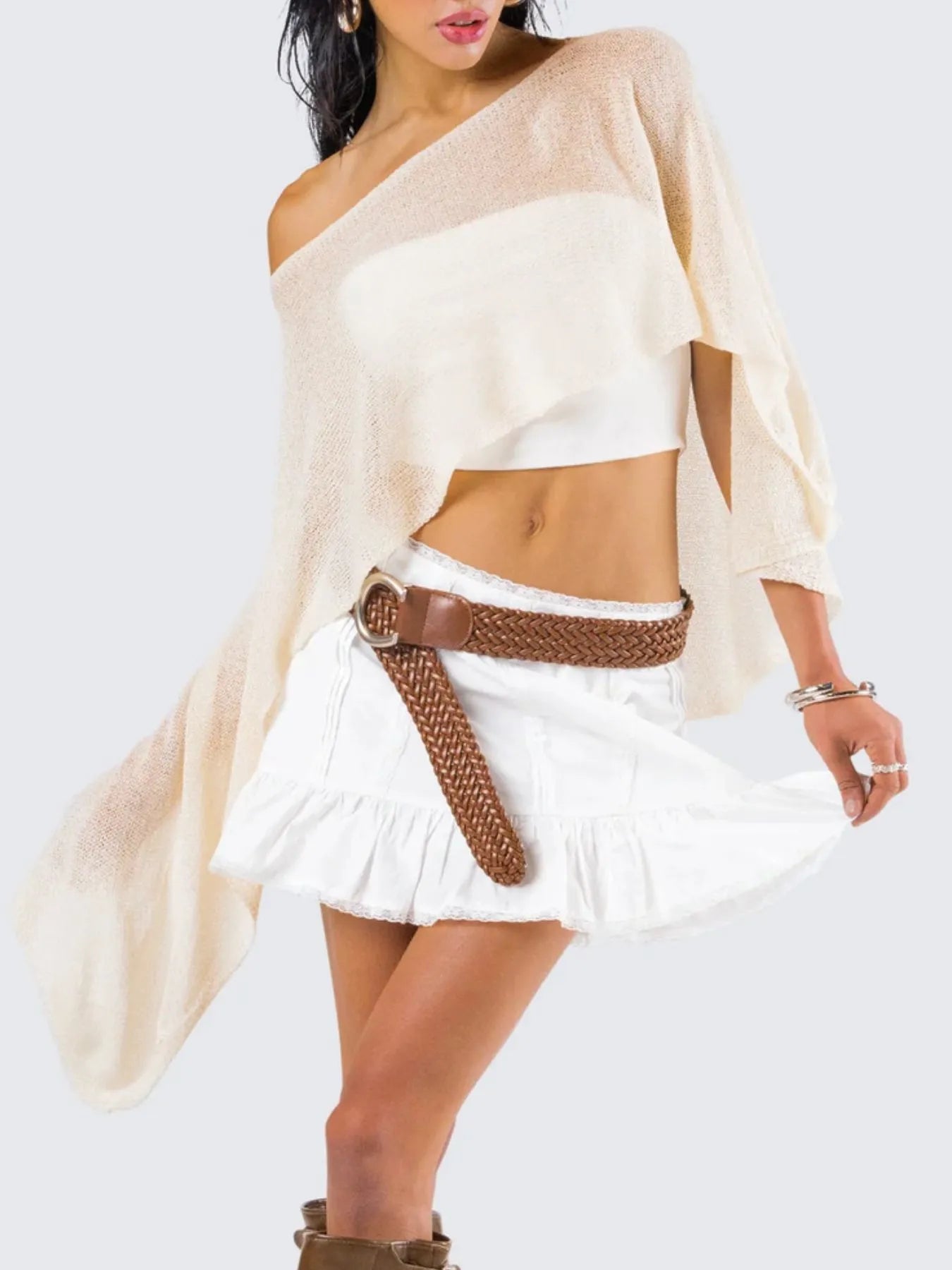 Boat Neck Long Sleeve knit Cover Up