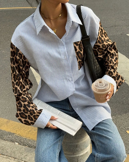 Leopard Print Sleeve Striped Button-Down Shirt