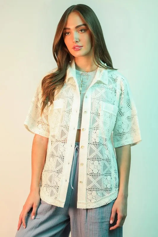 VERY J Plus Size Oversized Crochet Button Down Shirt Top White