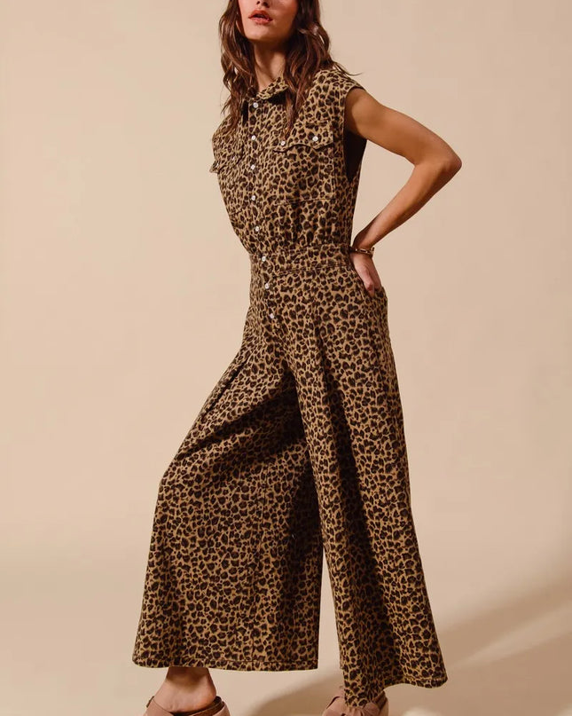 SO ME Wide Leg Leopard Twill Overalls Jumpsuit with Tuck