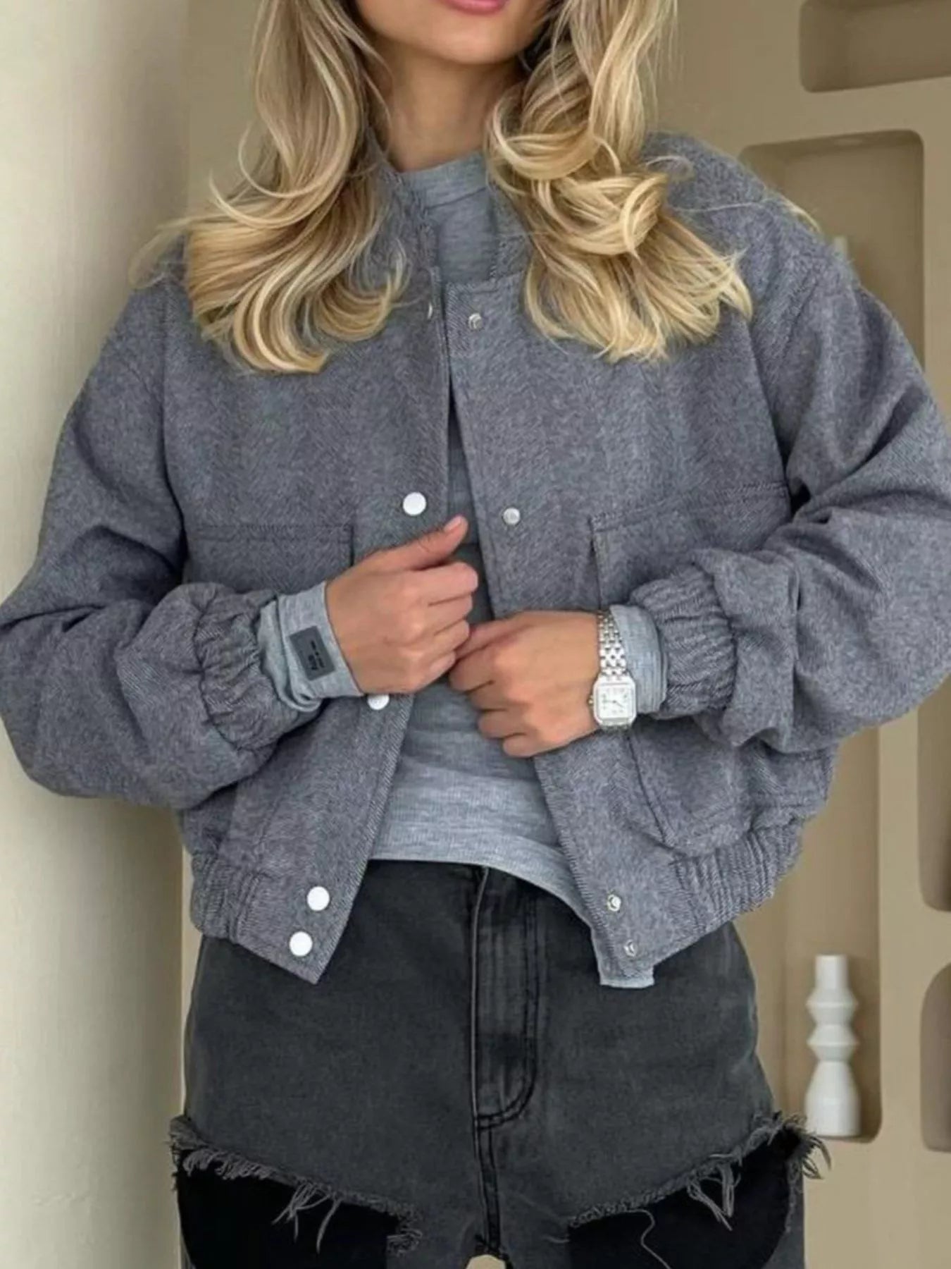 Casual Cropped Snap-Down Jacket Dark Gray