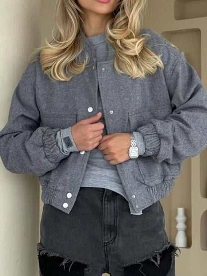Casual Cropped Snap-Down Jacket Dark Gray