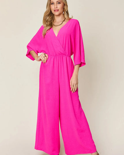 Double Take Full Size Surplice Wide Leg Jumpsuit with Pockets Hot Pink